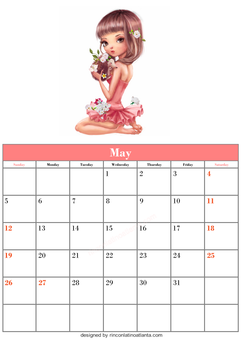 Blank May Calendar Template Printable Cute Girls Vector