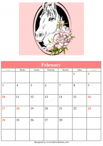 Free Blank February Calendar Printable Horse Vector Animal Cute