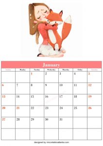 Free Blank January Calendar Printable Cute Girl Vector Animal