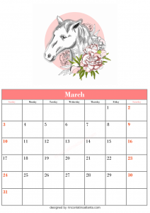 Free March Blank Calendar Printable Horse Vector Cute Downloadable