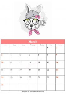 Free March Blank Calendar Printable Rabbit Vector Wonderfull Cute