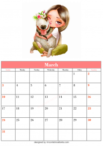 Free March Blank Calendar Printable Vector Girls and Cute Dog