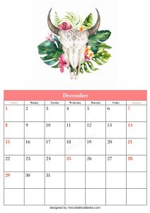 5 Blank December Calendar Printable Template Vector Floral Cow Header