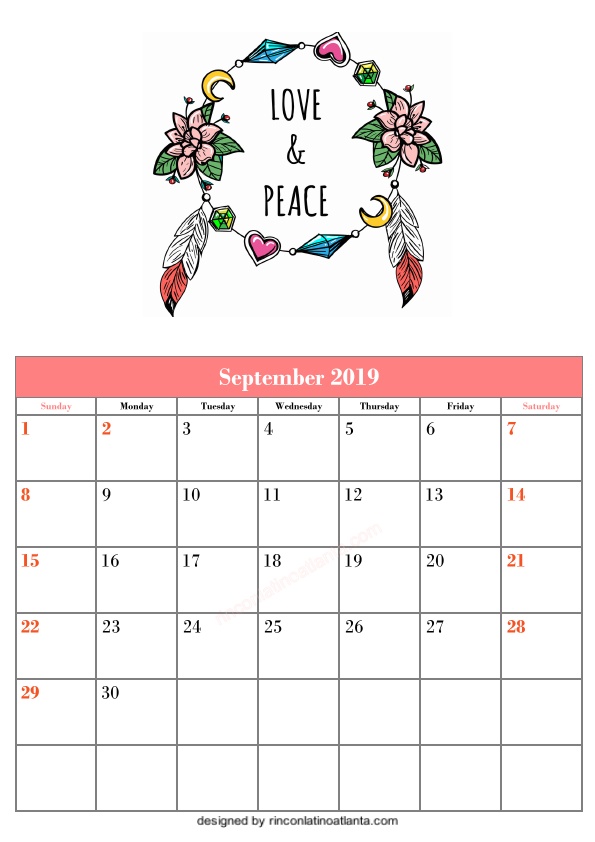 Blank September Calendar Template Printable Love and Peace Vector