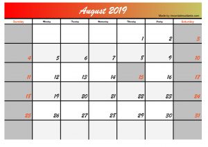 2019 august calendar