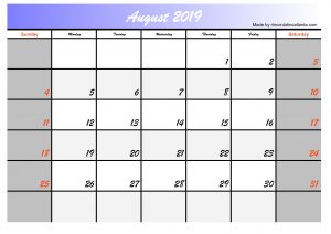 2019 august calendar printable free