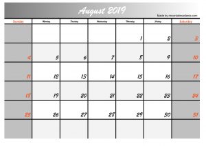 2019 august calendar simple printable design