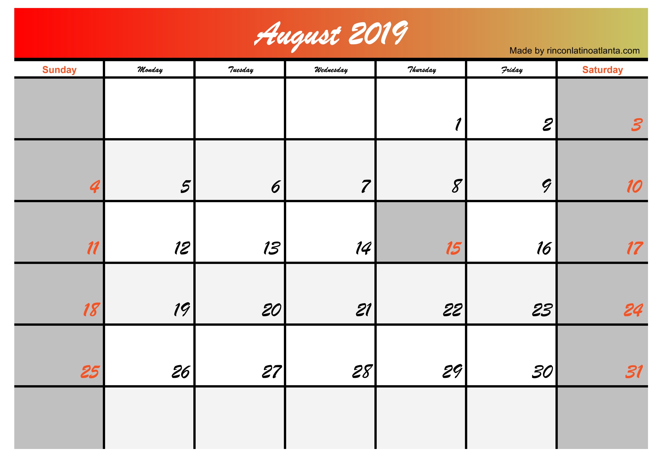 2019 august calendar