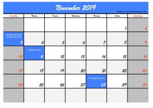 Free Printable November 2019 Calendar With Holidays