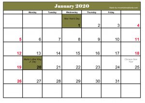 January 2020 Calendar Printable