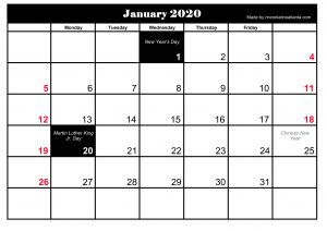 January 2020 Calendar Printable Holidays