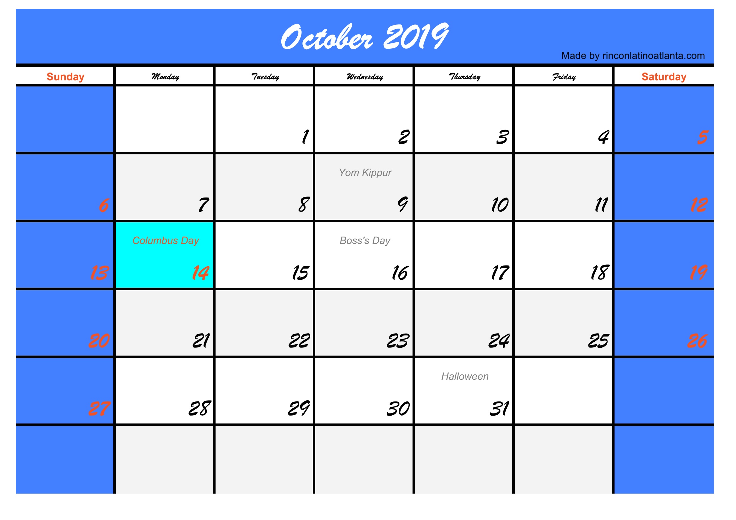 five-october-2019-calendar-with-holidays-usa-calendar-template-printable