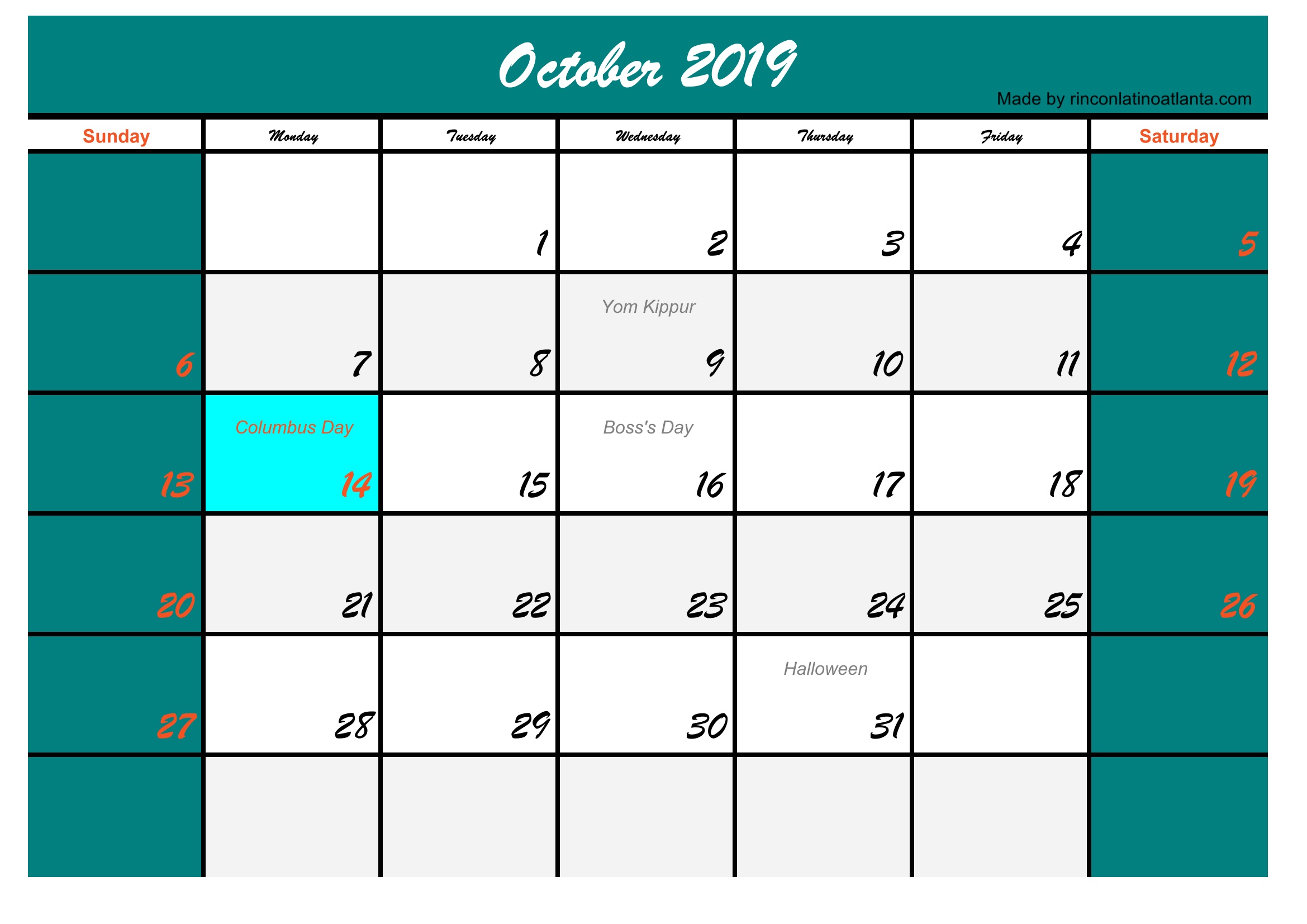 October 2019 Calendar with Holidays USA