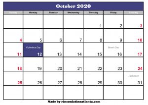 October 2020 Calendar Printable With Holidays