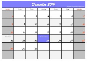 Printable December 2019 Calendar Blue Header