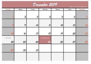 Printable December 2019 Calendar Holidays