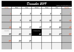 Printable December 2019 Calendar Template Black Header