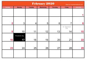 Printable Frebruary 2020 Calendar With Holidays