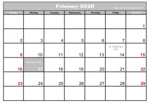 Printable Frebruary 2020 Calendar With Holidays Blank Simple