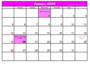 Printable January 2020 Calendar Template With Holidays