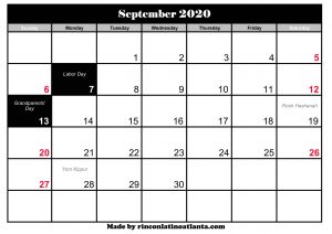 September 2020 Calendar with Holidays