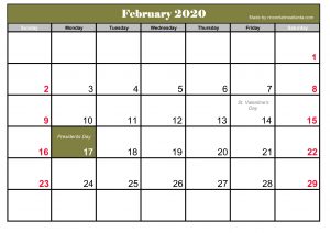 Template Printable February 2020 Calendar Free