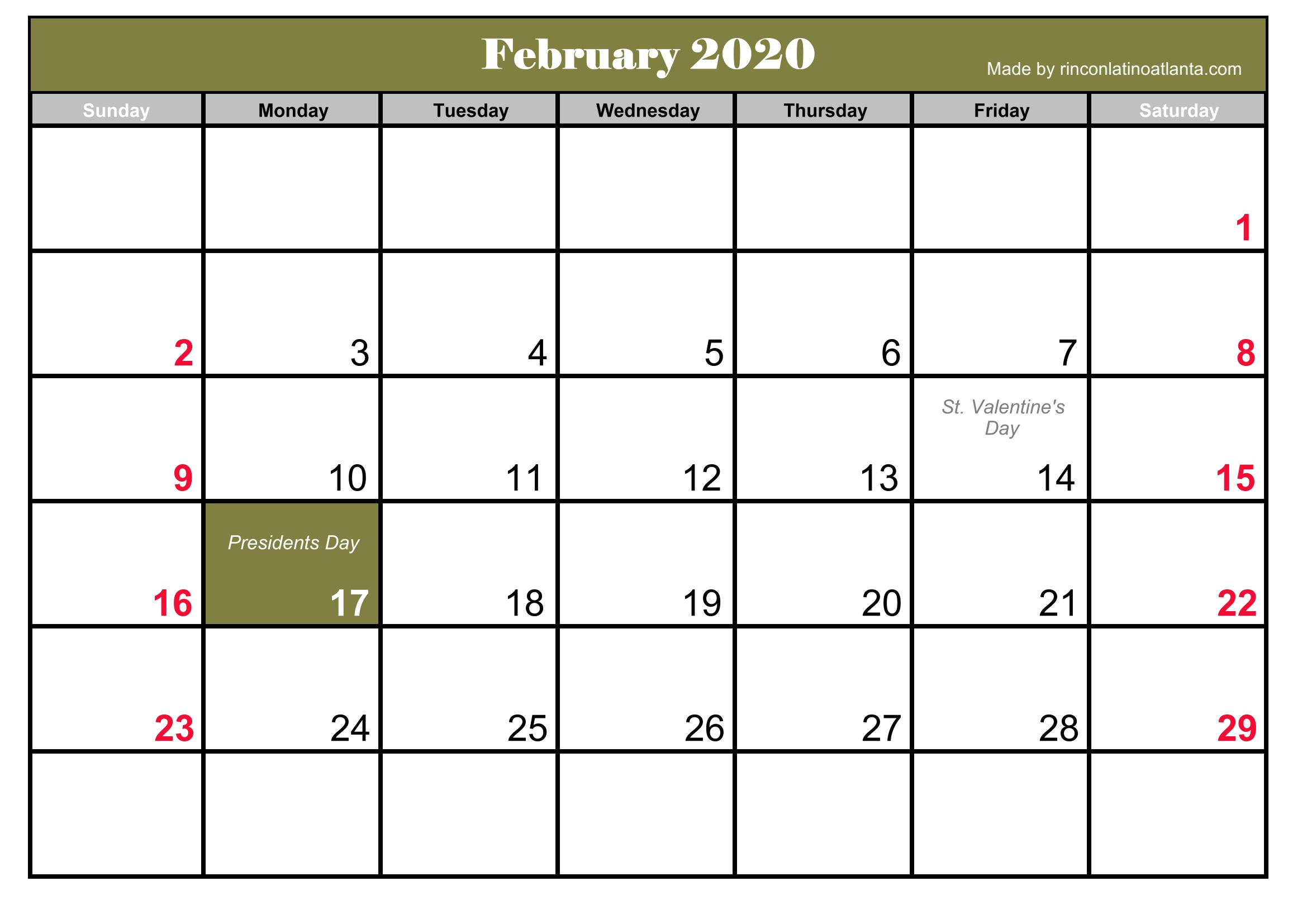 Template Printable February 2020 Calendar Free