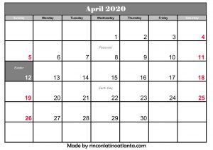 april 2020 calendar template editable