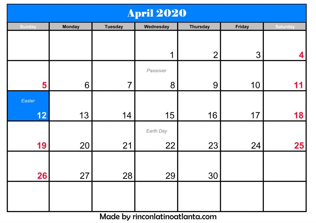 Printable April 2020 Calendar With Holidays 