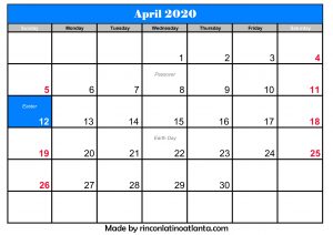 april 2020 calendar with holidays