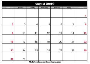 august 2020 calendar canada