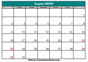 august 2020 calendar printable template