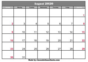 august 2020 calendar to print