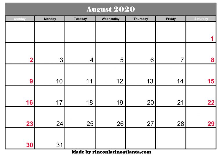 August 2020 Calendar Template Printable Editable | Calendar Template ...