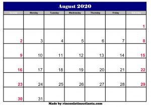 august 2020 calendar uk