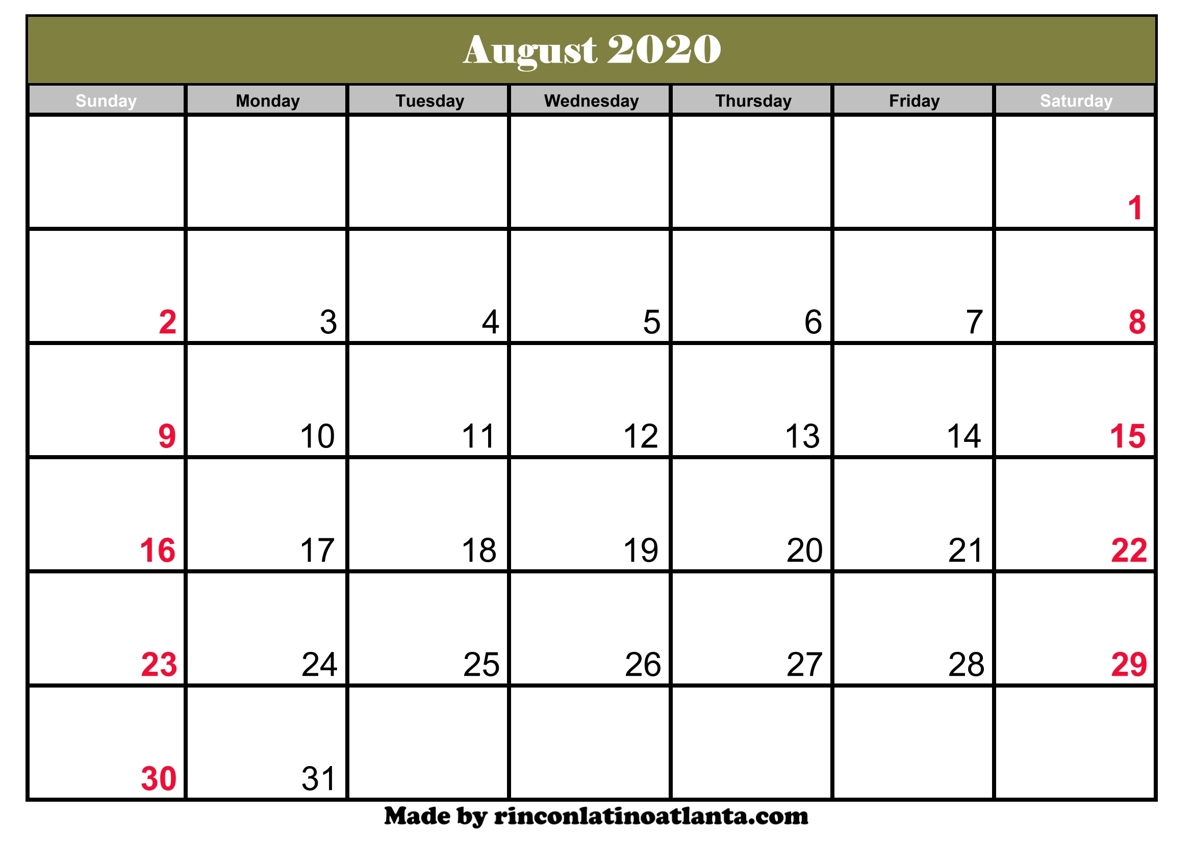 august 2020 calendar with holidays