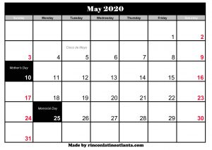 black may 2020 calendar with holidays