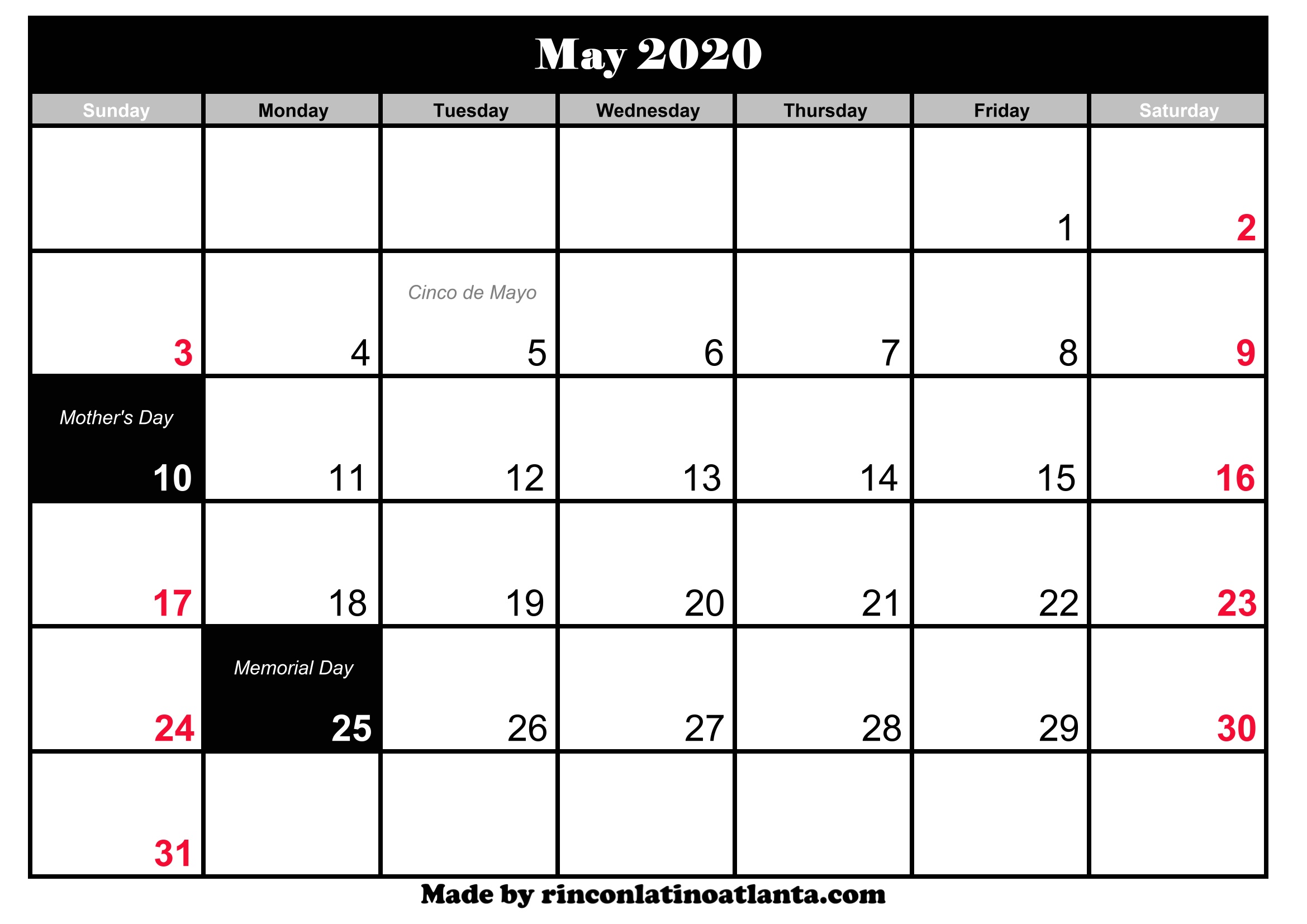 May 2020 Calendar With Holiday Calendar Template Printable