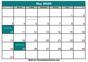 blank may 2020 calendar printable with holidays