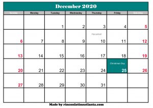 december 2020 calendar canada with holidays printable template green header