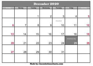 december 2020 calendar uk with holidays printable template