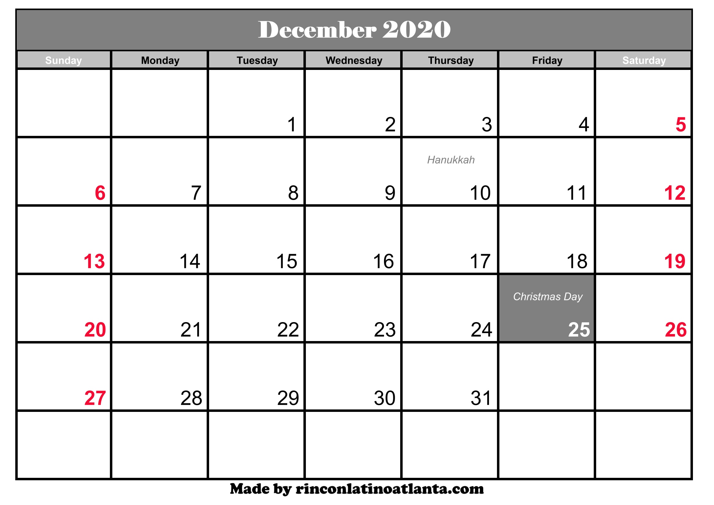 December 2020 Calendar With Holidays Calendar
