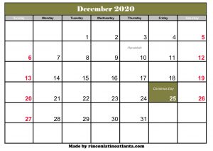 december 2020 calendar with holidays printable template green header