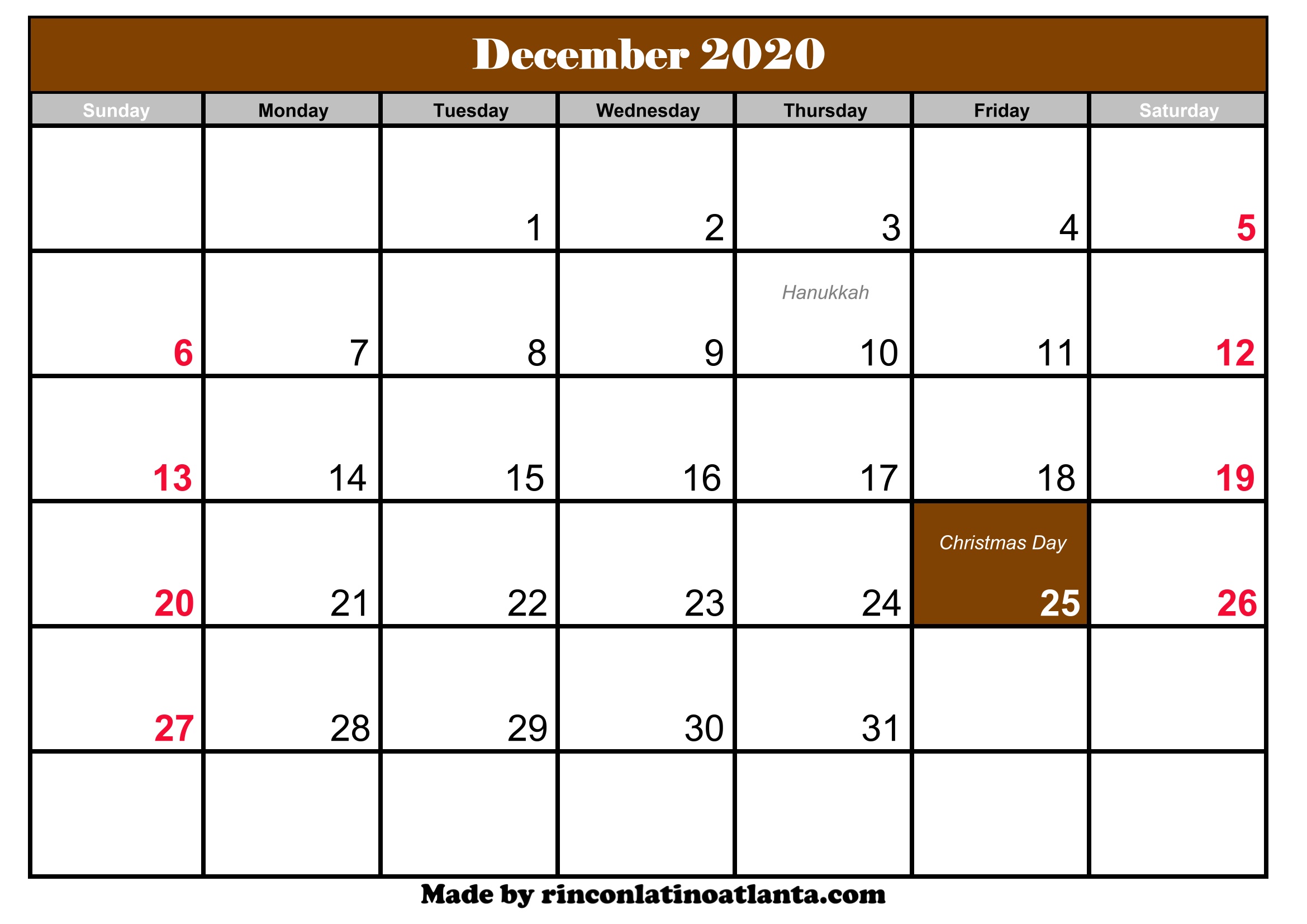 December 2020 Calendar with Holidays Calendar Template Printable