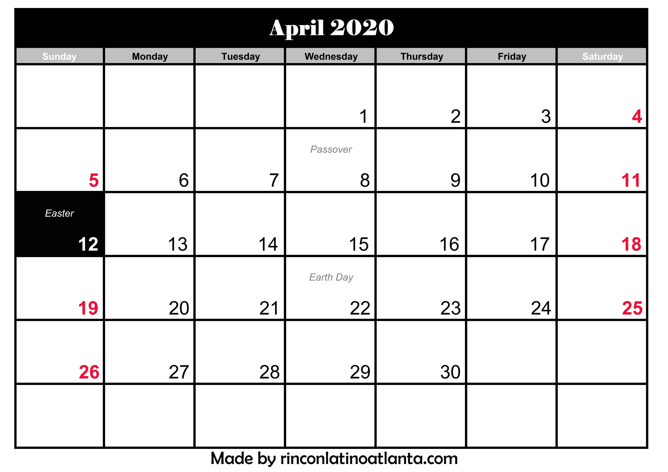 editable april calendar for 2020 printable