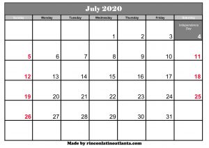 editable july calendar for 2020 printable free
