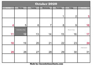 free october 2020 calendar canada template printable holidays