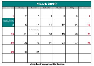 free printable calendar march 2020