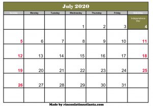free printable july 2020 calendar template