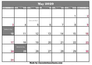 free printable may 2020 calendar with holidays